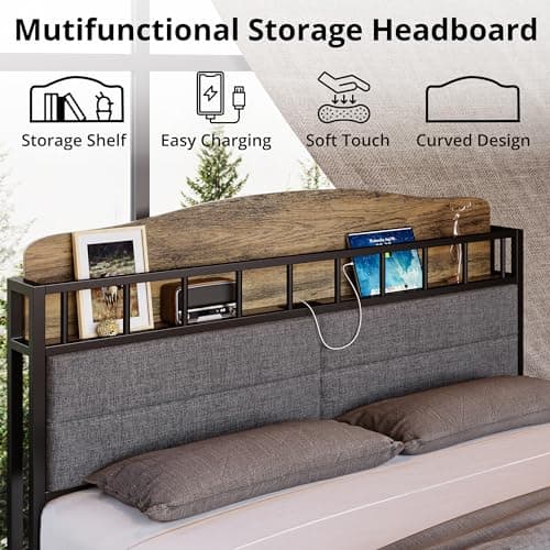 Multifunctional Queen Bed Frame with Guardrail, Bedside Caddy, and Charging Station