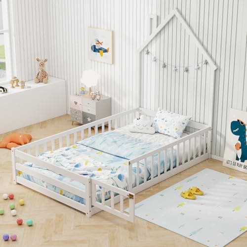 Giantex House-Shaped Montessori Twin Floor Bed with Headboard & Guardrail (White)