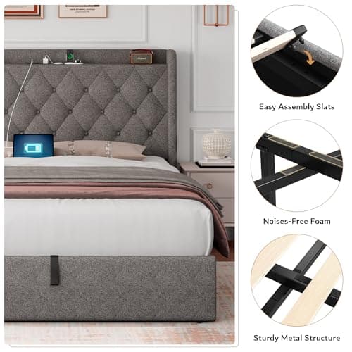 iPormis Queen Storage Bed with Charging Station, Light Grey