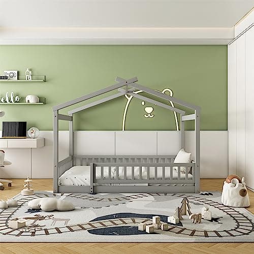 Full Size Wood Montessori Bed with Roof and Fence-Shaped Guardrails, Gray