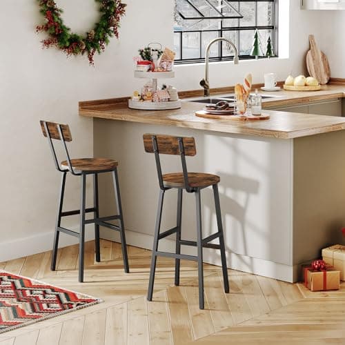 Rustic Brown Bar Stools, Set of 2 with Footrest, 24.4 Inches