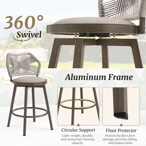 Olefin Rattan 360° Swivel Bar Stools, Set of 4, Boho Patio Kitchen Chairs, Apricot