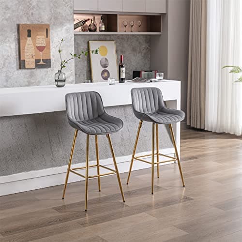 Modern Velvet Bar Stools Set with High Back and Footrest, Gray, 2 Pieces