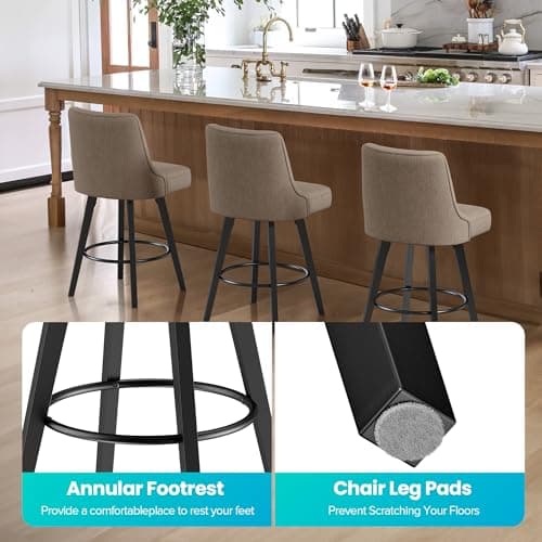 Retro Upholstered Swivel Bar Stools, 26" H, Tan Linen, 360 Rotation, Kitchen Island Chairs