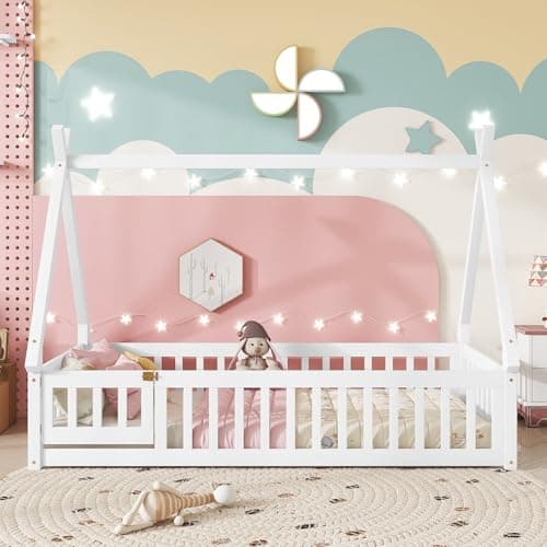 Montessori White Tent-Shaped Floor Bed for Kids with Slats and Guardrails