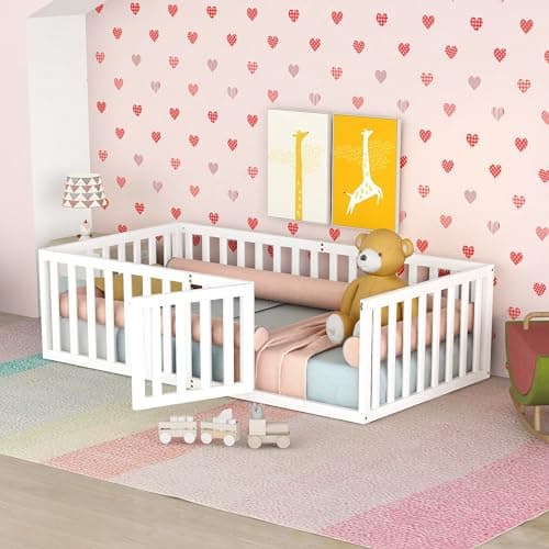 White Full-Size Montessori Floor Bed with Fence and Door