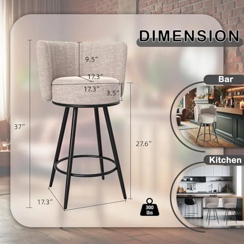 Beige Tufted Counter Height Bar Stools Set of 2, Modern Metal Legs