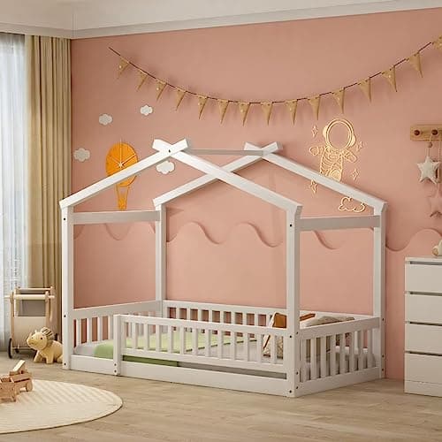 i-POOK White Wood Floor Bed with Fence and Roof for Kids