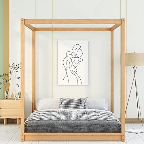 Merax Modern Queen Size Wood Canopy Bed - No Box Spring Needed/EasyAssembly