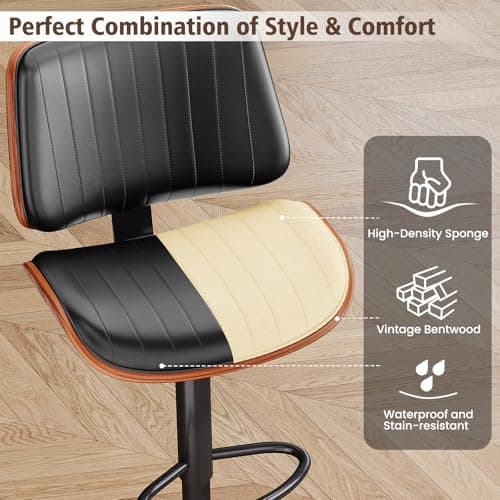 Bentwood Back Bar Stools, Black Leather Seat, Kitchen Island Set of 2