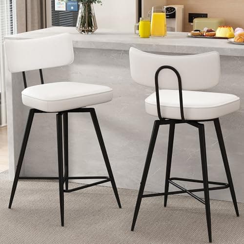 26 Inch White Leather Counter Swivel Stools with Back, Kitchen Bar Chairs Set of 2