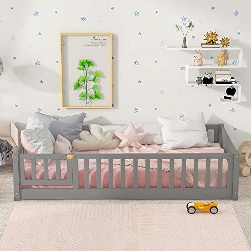 Twin Size Montessori Floor Bed for Kids, Wooden Platform with Rails and Door, Gray