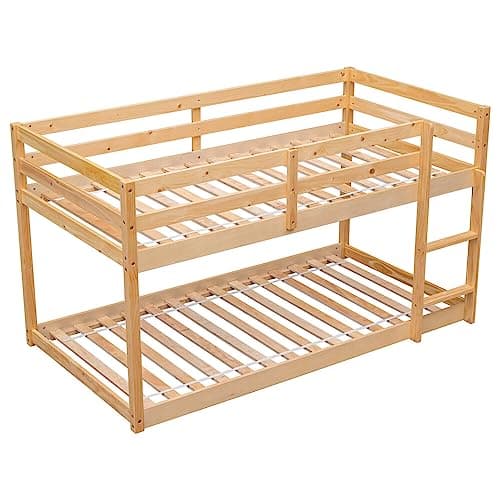 Low Bunk Bed with Guardrails and Ladder for Children Boys Girls, Montessori Style, No Box Spring Needed