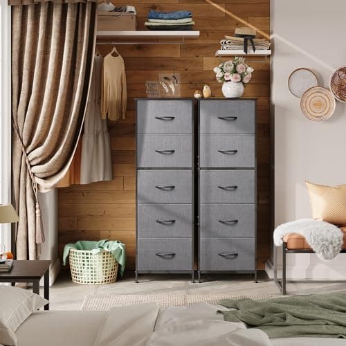 WLIVE 5-Drawer Fabric Dresser with Wood Top - Tall Storage Organizer for Bedroom, Closet, or Hallway in Dark Grey