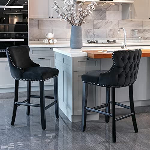 i-POOK Set of 2 Velvet Bar Stools with Solid Wood Legs - Black Wing-Back Design for Kitchen Island or Dining Room