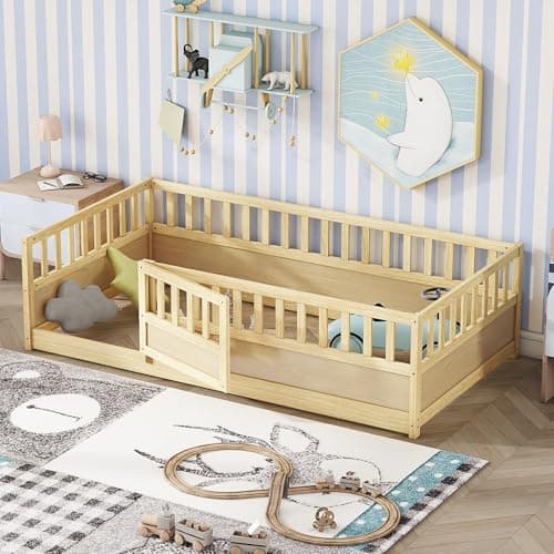 Montessori Twin Size Floor Bed with High Fence & Door (Gray)