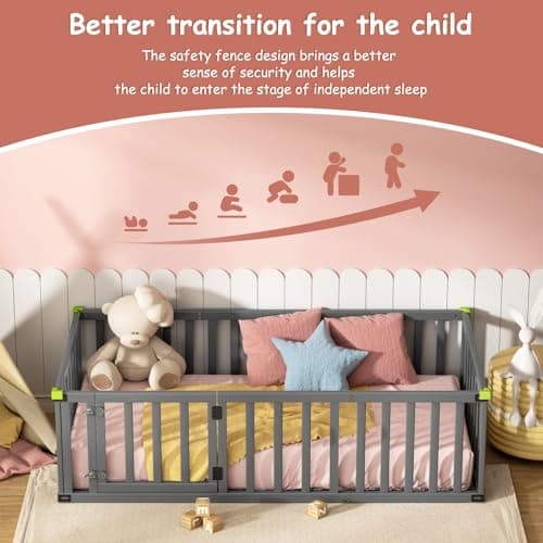 ROOMTEC Montessori Twin Beds with Safety Fence & Convertible Door, Grey