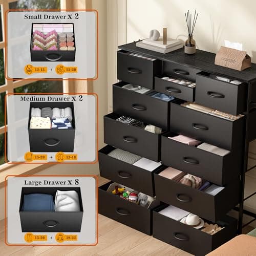 Lulive Tall Dresser Chest with 12 Drawers & Hooks (Black)