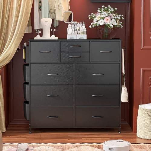 Lulive Black PU Storage Dresser with 10 Drawers & Side Pockets