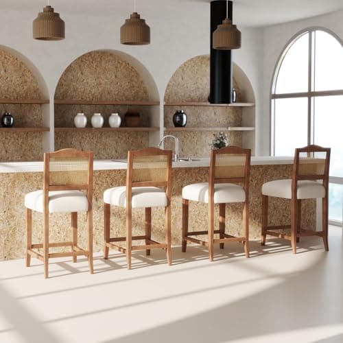 CIMOTA Linen Beige Rattan Farmhouse Bar Stool Set Mid Century Modern 26.5In