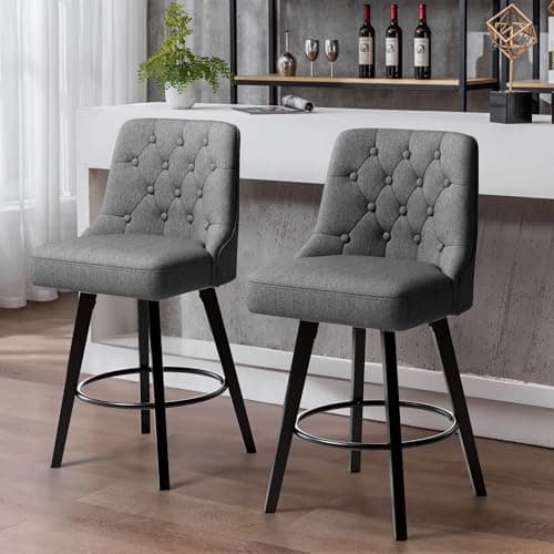 Retro Upholstered Swivel Bar Stools, 360 Rotation, Gray Linen, Solid Wood Legs, Kitchen Island, 26" H Seat