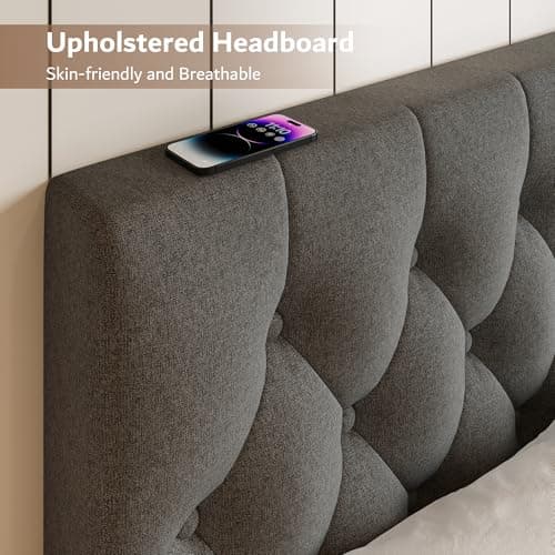 iPormis Dark Grey Button Tufted Queen Upholstered Bed Frame, Velvet Support Legs