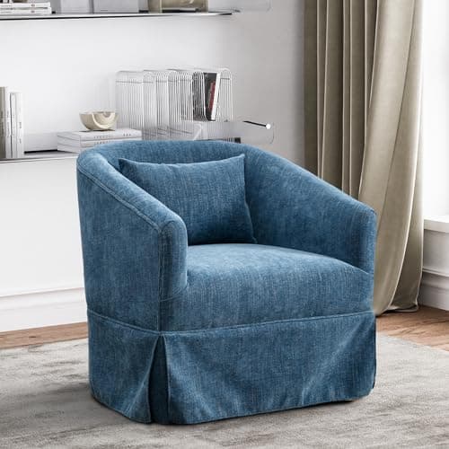Blue Swivel Accent Chair with Skirt, Upholstered Swivel Barrel Chair - 360°Comfy Chenille Small Single Sofa Club Armchair