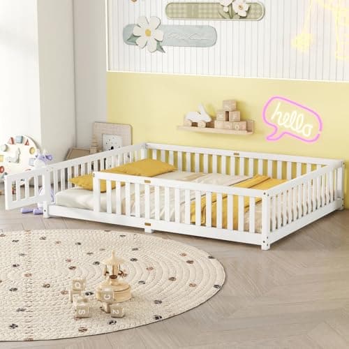 Montessori Floor Bed with Safety Guardrails and Door for Kids, White