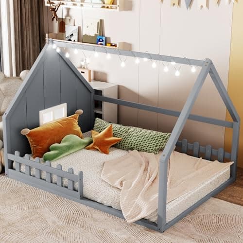 Merax Full Size Montessori Floor Bed with LED Light, Gray