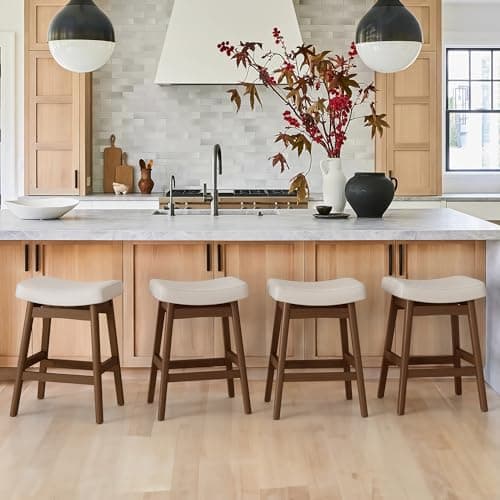 Antique White Leather Bar Stools Set of 3, Sturdy Wood Legs, 24 Inch Farmhouse Counter Height