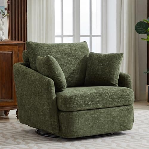 Oversized Green Chenille Swivel Chair with Ottoman