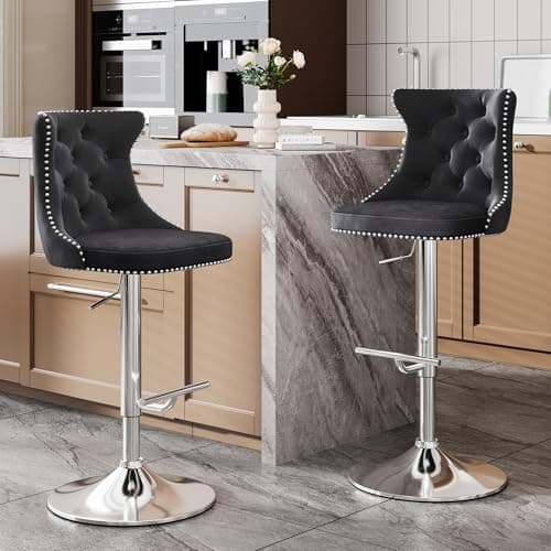 Modern Black Velvet Bar Stool Set with High Back & Nailheads Trim for Home Bar & Kitchen Island
