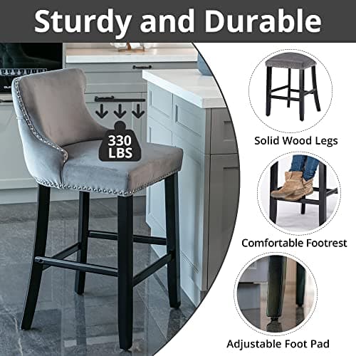 Velvet Upholstered Counter Height Bar Stools Set of 2 for Kitchen Island or Dining Room, Gray