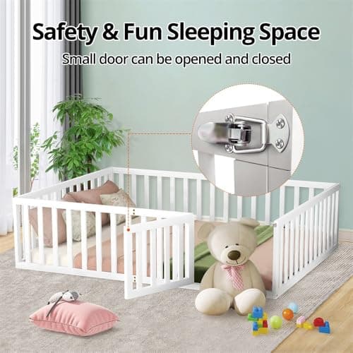 Multifunctional White Montessori Queen Bed with Fence & Door for Kids