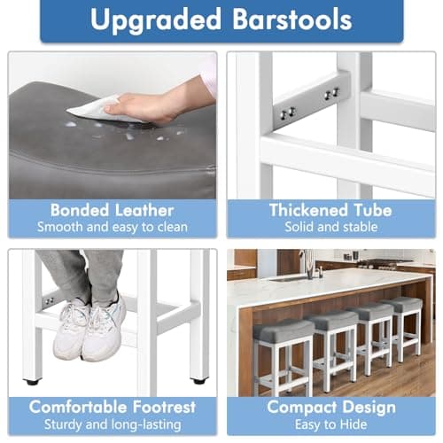 24 Inch Bonded Leather Bar Stools Set, Gray/White, Kitchen Island Counter Height