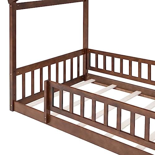 i-POOK Walnut Twin Size Montessori Wood Floor Bed with Fence and Roof