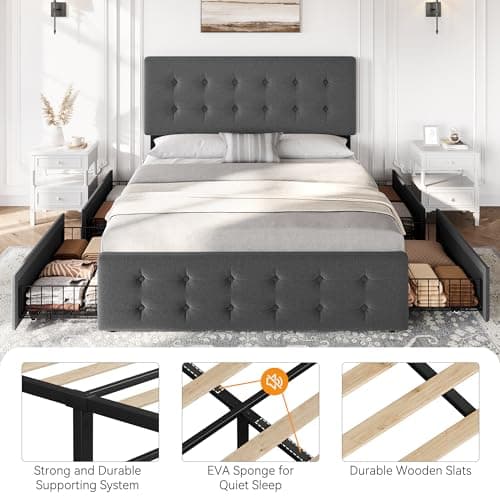 IDEALHOUSE Queen Size Linen Upholstered Bed Frame with 4 Drawers & Headboard, Dark Grey
