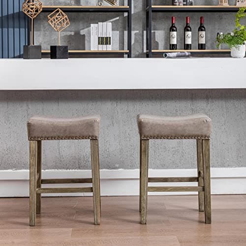 Farmhouse Bar Stools Set of 2, Gray PU Leather Upholstered Saddle Stools