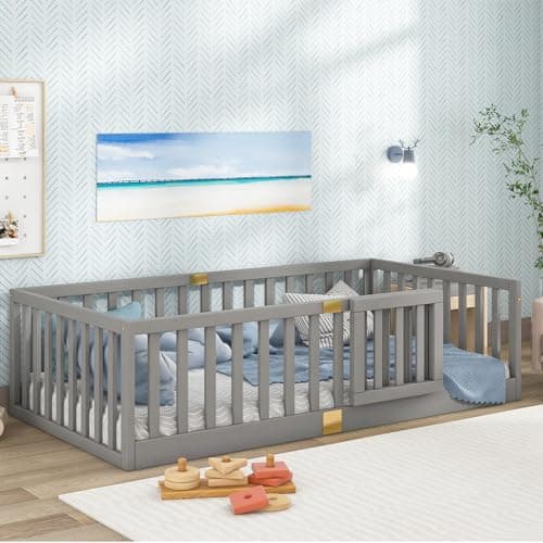 Twin Montessori Floor Bed with High Rails, Grey