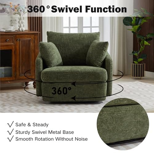 Oversized Green Chenille Swivel Chair with Ottoman