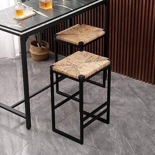 Metal Bar Stools Set of 2 with Woven Seat and Footrest