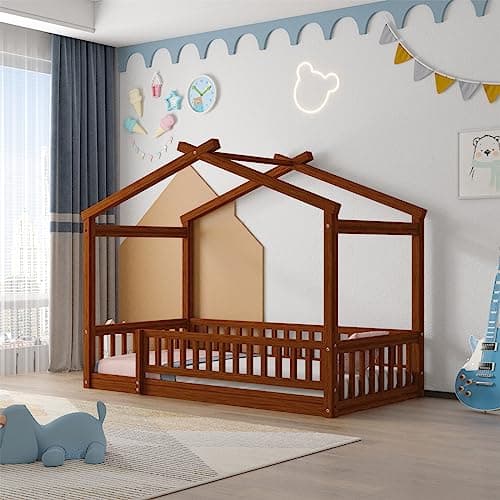 White Wooden Fence Twin Bed with Slats Support for Kids Bedroom