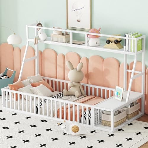 Full Size Kids' Safety Fence Floor Bed with Desk & Storage, Off White