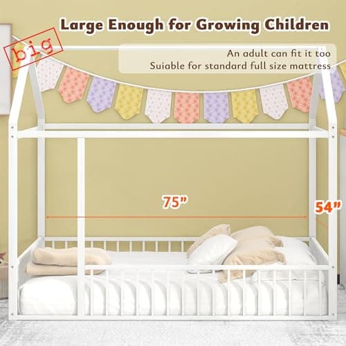 Bellemave Full Size Montessori Metal House Bed with Fence, White