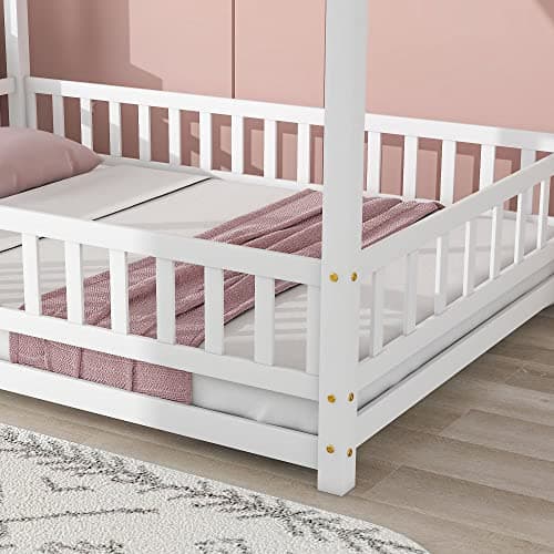 Full Size Montessori House Bed for Children Girls and Boys, White