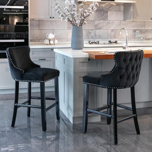 Velvet Upholstered Bar Stools Set of 2 with Wooden Legs