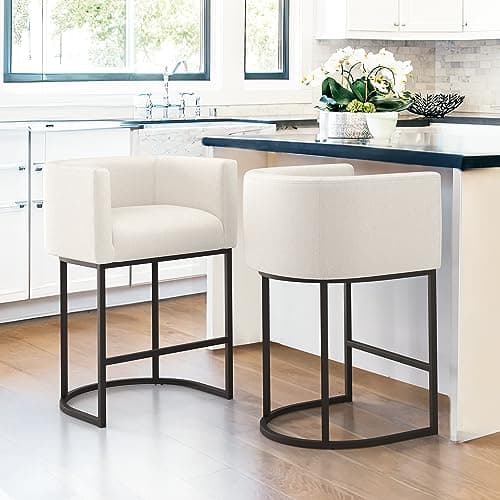 LUE BONA Black Metal Bar Stools, 27" Counter Height, Modern Design, Backrest & Arms, Linen Upholstery, Beige Accent
