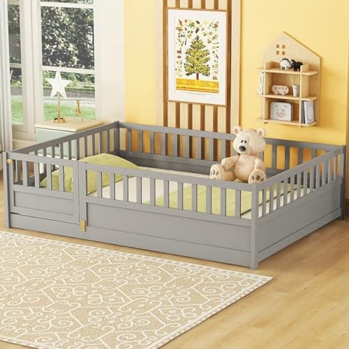 Full Size Wood Montessori Bed with High Fence & Door, No Box Spring Needed