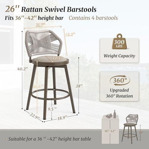 Olefin Rattan 360° Swivel Bar Stools, Set of 4, Boho Patio Kitchen Chairs, Apricot