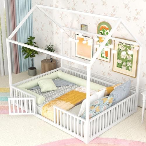 Bellemave Full-Size Metal Floor Bed with Door & Roof in White